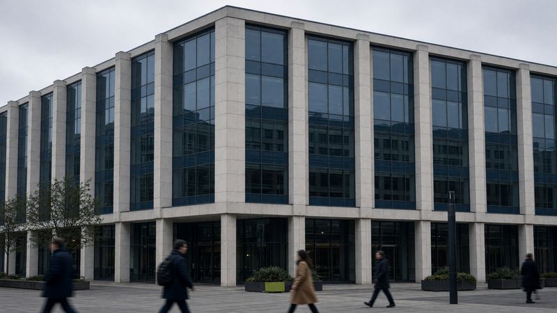 People walking past a large glass and stone office building on an overcast day.