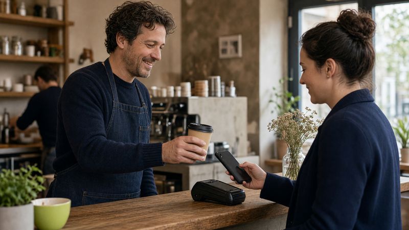 A smiling café worker hands a takeaway coffee to a customer paying by phone at a card reader on the counter.